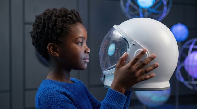 Young Black schoolgirl examines a white astronaut helmet inside a modern science exhibit, discovering planetary models while picturing herself as a future explorer beyond Earth with focused wonder