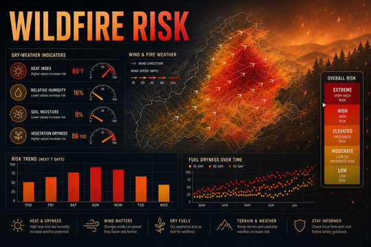 Dramatic wildfire risk dashboard with heat, wind, dryness indicators, fire map, charts, and emergency preparedness visuals.