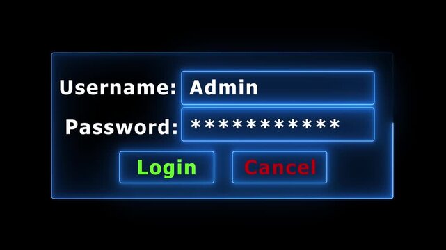 Digital login interface with admin username and password field for cybersecurity, network access, and secure web authentication systems