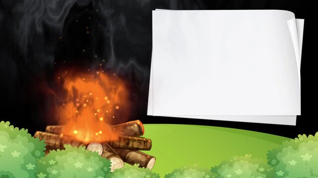 Cartoon Campfire Animation with Blank White Paper Sign Background