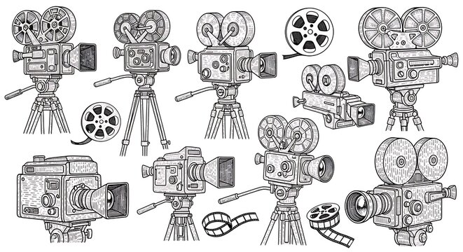 Vintage film cameras and reels sketch illustration in a repeating pattern for retro movie themes