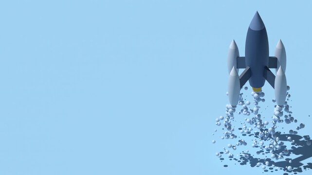 3D isometric rocket animation. Space rocket. Futuristic rocket. Startup rocket business project. Successful project launch mission. Isometric technology. 4K video animated in isometric style