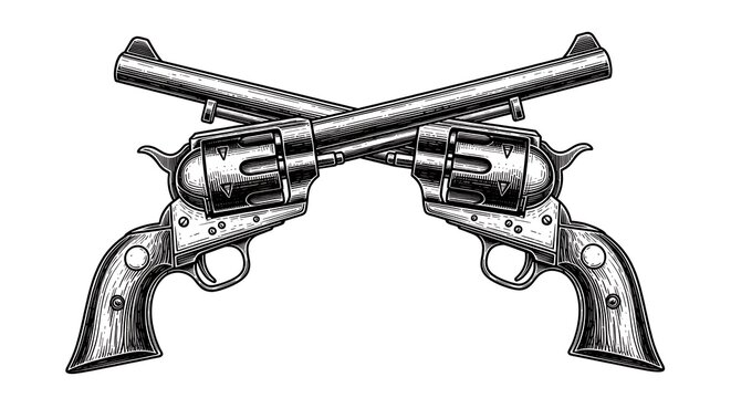 Vintage crossed revolvers illustration in a detailed black and white engraved style for western themes