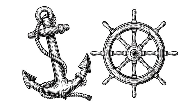 Vintage nautical elements including a ship's wheel and anchor in a detailed black and white engraving style
