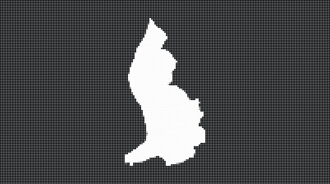 Detailed map of Liechtenstein silhouette illustrated with a modern black and white halftone dot pattern style for creative graphic design projects, isolated on dark background.