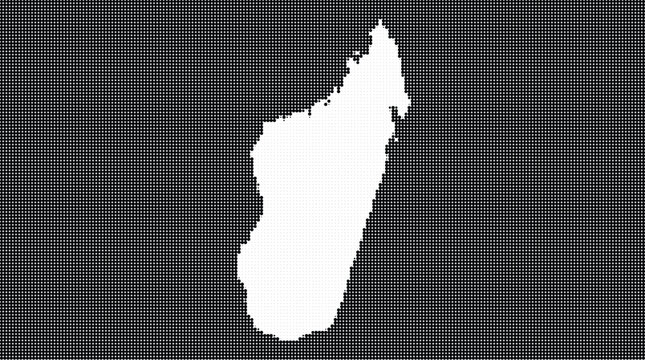 Abstract halftone dot pattern illustration representing the island country map of Madagascar in white on a black background, ideal for creative and professional graphic design.