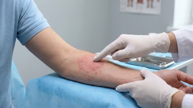 Doctor checking skin rash on man's arm, medical professional examining patient's skin condition.