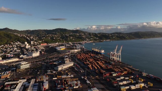 Sprawling container yard and timber stacks line Wellington port beside round stadium, New Zealand, framed by downtown buildings, forested hills, calm bay at sunrise. Aerial drone view.