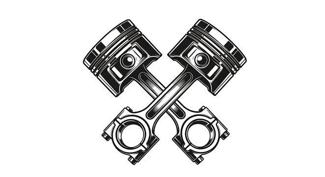 Detailed illustration of two crossed engine pistons with connecting rods in a vintage etching style