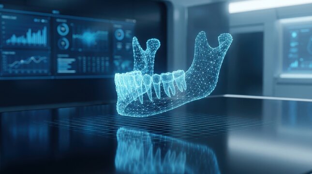 Digital 3D model of human jaw and teeth shown on futuristic screen with data charts background.