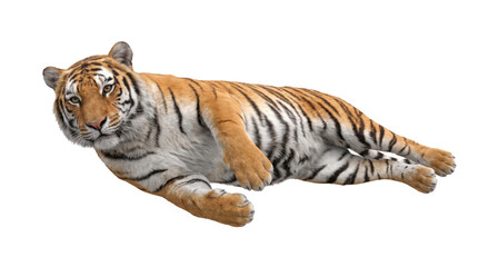 Obraz premium Siberian tiger lying down relaxed isolated on white background with siberian