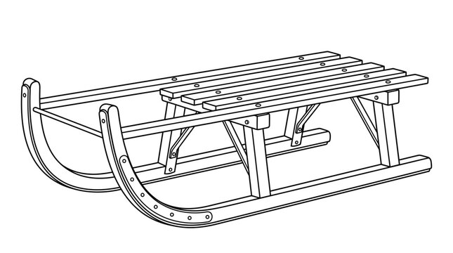 A classic wooden sled with curved runners for winter recreation.