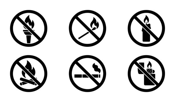 No Fire Symbols, Warning Signs: Torch, Match, Candle, Campfire, Cigarette, Lighter Icons