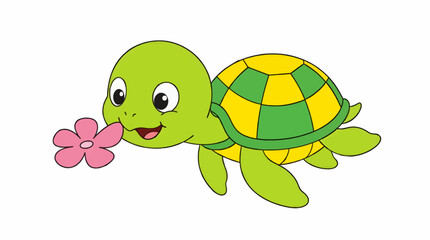 Naklejka premium Cute Cartoon Sea Turtle with Pink Flower in Mouth, Flat Vector Illustration with Green and Yellow Shell, Adorable Animal Character on White Background