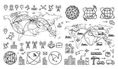 Fototapeta premium Global Logistics and Communication Network Icon Set Collection