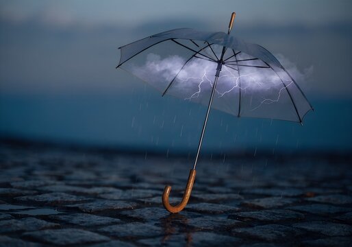 An open umbrella with a miniature rain cloud and tiny lightning floating just beneath the canopy instead of fabric surreal whimsical concept