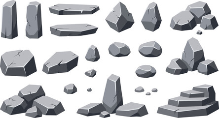 Grey Stone and Rock Cartoon Vector Set with Cracked Boulders Pillars Platforms and Cobblestones for Game Environment Asset and Landscape Designs © PUTUL