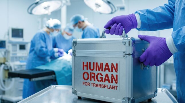 Surgeon holding aluminum human organ box for transplant in hospital surgical ward during operation background.