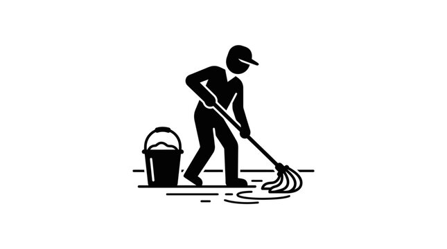 Man mopping floor with bucket and mop icon.