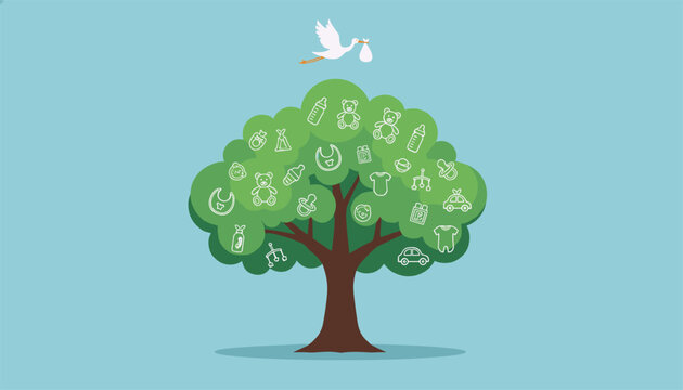 Baby shower tree features white line icons of baby items and a flying stork with a bundle under a blue sky.