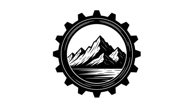 Vintage style mountain landscape framed within a mechanical gear illustration in black and white
