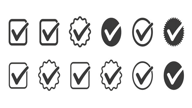 Set of check mark icons in different shapes for approval and tasks with checkbox