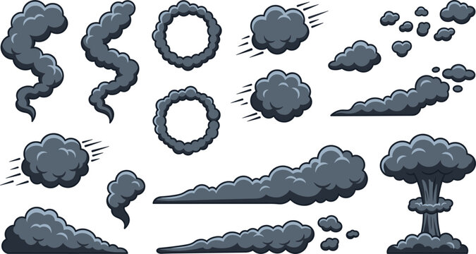 Dark Smoke and Explosion Cloud Cartoon Vector Set with Steam Rings Puff Trails and Mushroom Blast Effects for Game Animation FX Graphic Designs