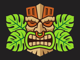 Tribal Tiki Mask Vector Illustration with Tropical Monstera Leaves and Polynesian Totem Design © Hasanah