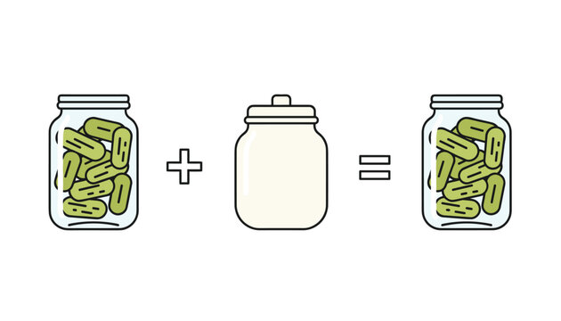 Fun cartoon equation shows a full jar of green pickles added to an empty jar resulting in a full jar of pickles.