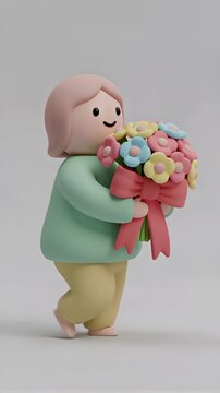 Cute 3D claymation-style character of a person with short brown hair, wearing a mint green sweatshirt and yellow pants, walking happily while holding a large colorful flower bouquet
