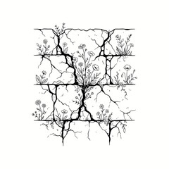 Fototapeta premium Cracked wall with wildflowers growing through concrete. Nature reclaims urban decay with delicate blooms and resilient roots.