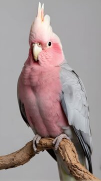 A studio commercial stock footage of a beautiful Galah cockatoo perched on a textured wooden branch against a clean, solid light gray studio background
