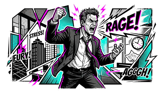Angry businessman yelling in office with comic style