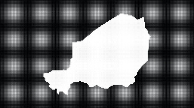 Detailed white silhouette map of Niger isolated on a black background with a modern halftone dot pattern effect for creative graphic design and geography projects.