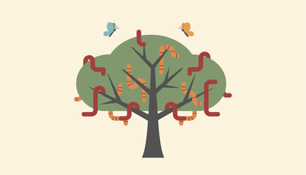 Cute cartoon tree with green foliage and brown trunk covered in crawling earthworms and flying butterflies above.