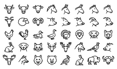 Farm Animals and Hunting Wildlife Thin Line Editable Stroke Icons Set for Web UI and Print © MdAlAmin