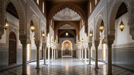 Obraz premium Ornate Moroccan Palace Interior with Arches and Lanterns - Architectural Detail
