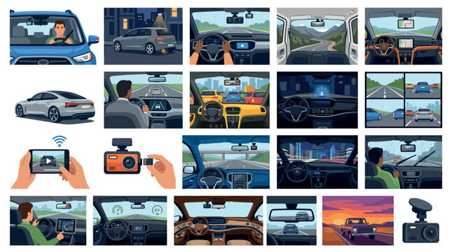 Set of illustrations depicting car dashboard cameras, drivers, and road views from inside the vehicle
