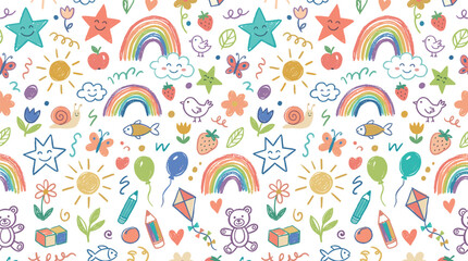 Seamless pattern with cute handdrawn doodles for kids, colorful childish background with rainbows, stars, suns, animals and toys © ISMOTARA