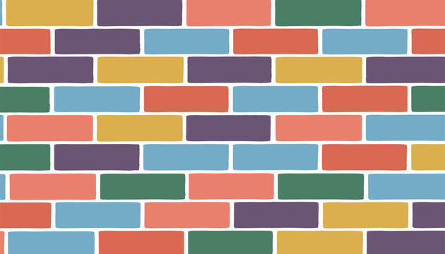 Seamless colorful brick wall pattern with hand-painted bricks in teal, orange, purple, blue, and yellow.