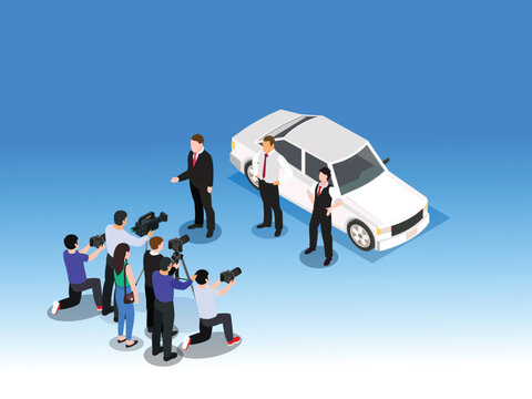 Paparazzi Photographers and Press Media Interviewing Politician or Celebrity 3d isometric vector illustration
