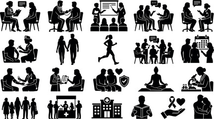 Obraz premium Set of medical and healthcare icons featuring doctors, patients, and wellness activities