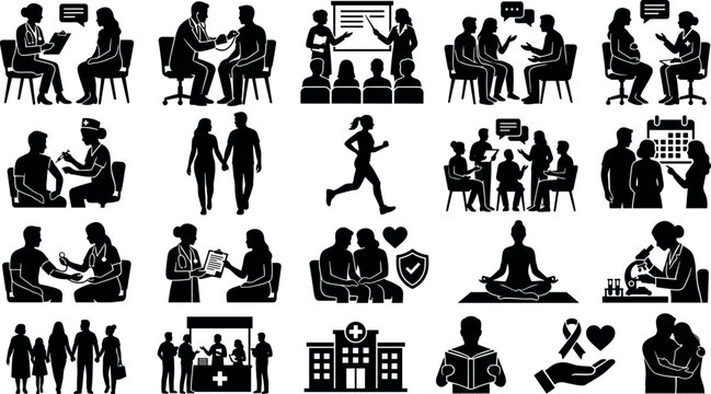 Set of medical and healthcare icons featuring doctors, patients, and wellness activities