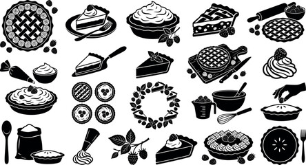 Set of pie and berry icons, including whole pies, slices, baking tools, and fresh raspberries © ISMOTARA