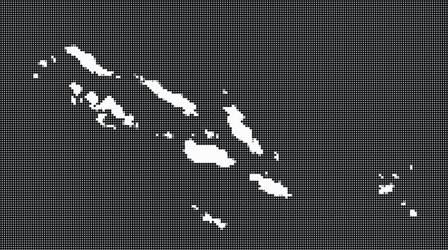 Abstract halftone dot pattern map of the Solomon Islands, Oceania, featuring a digital aesthetic with a white silhouette against a dark black textured background grid.