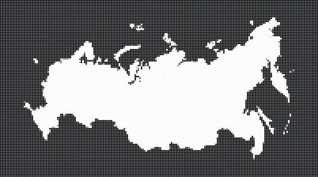 A creative halftone vector map of Russia, displaying a white dotted silhouette of the vast country against a dark black background, suitable for diverse design needs.