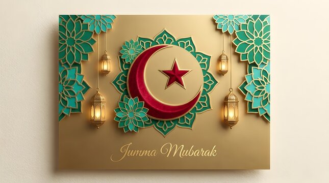 Jumma Mubarak Islamic Greeting Card with Golden Lanterns, Crescent Moon, and Red Star on Elegant Arabesque Background dr