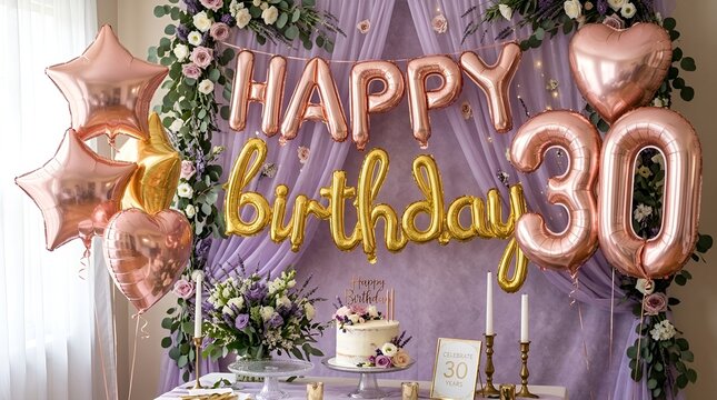 Happy 30th Birthday Celebration Decor with Balloons, Cake, and Flowers
