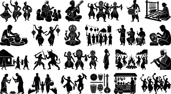 Indian folk art and traditional village life silhouette icons set of cultural activities, music, dance, crafts, and festivals