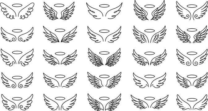 Angel Wings Line Art Icon Set with Holy Halo Symbols for Religious Tattoos Minimalist Logos Heavenly Branding Graphic Designs and Spiritual Illustrations